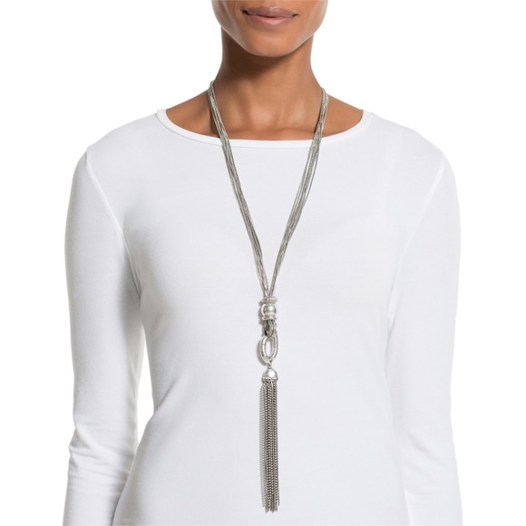 CHICO’S FRINGE OLGA TASSEL SILVERTONE NECKLACE